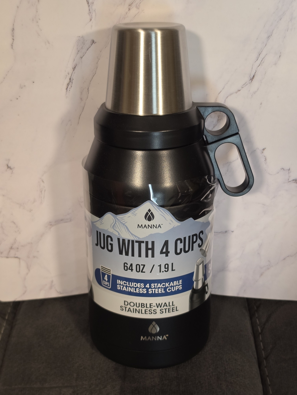 Manna Black Stainless Steel Jug with Silver Cup Lid and Handle